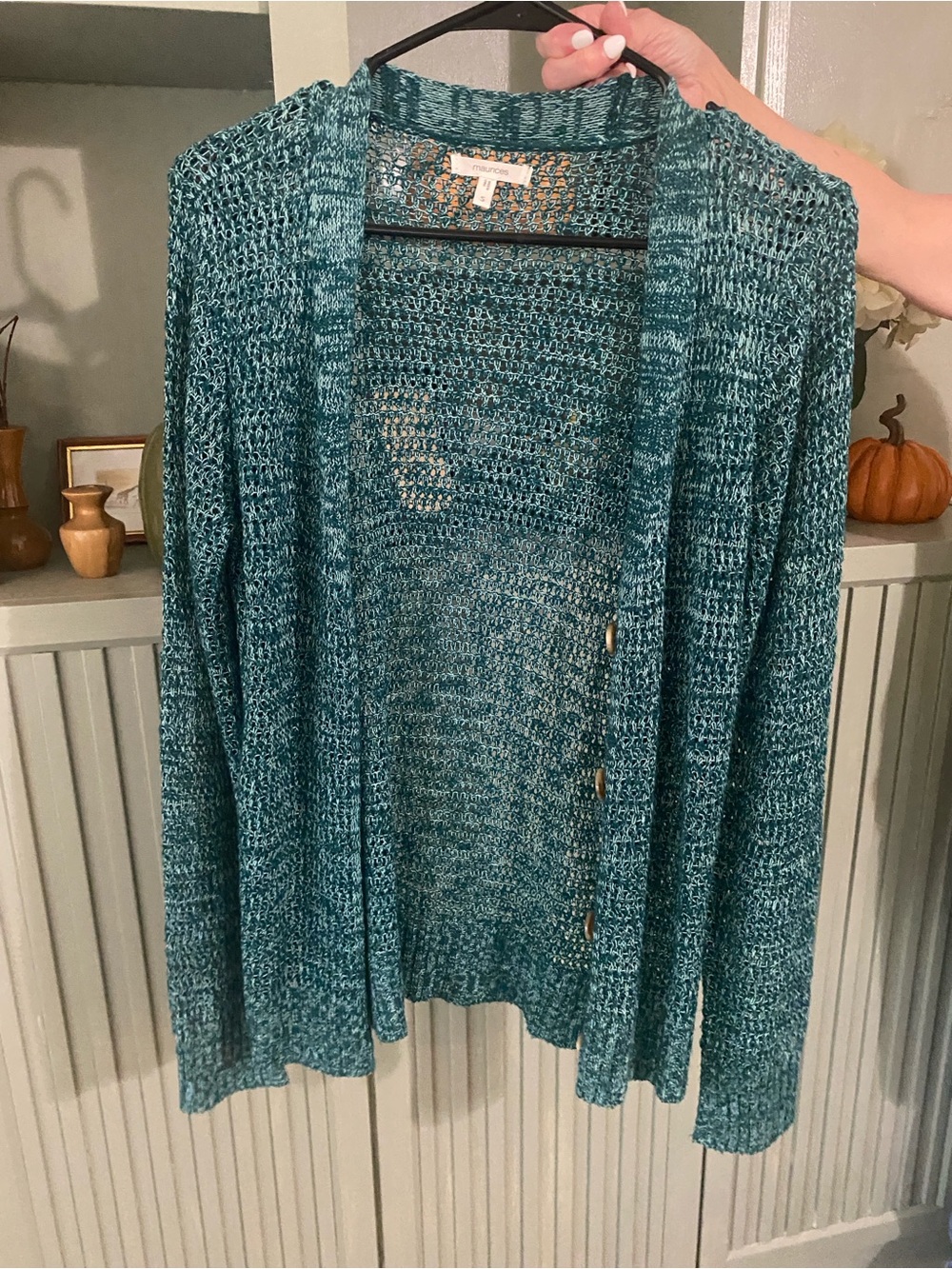 Teal Open-Knit Button Cardigan Sweater - Women